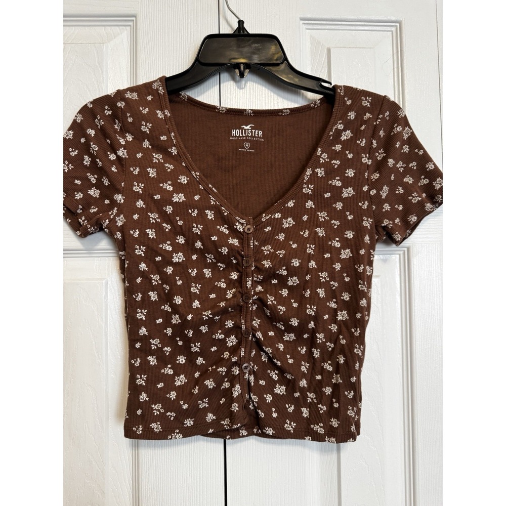 Hollister Brown Floral Ribbed button-up Cropped Y2K Coquette Henley Top M
